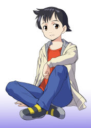 Rule 34 | 1boy, absurdres, android, atom (pluto), black hair, blue pants, brown eyes, commentary request, gradient background, happy, highres, kaneko naoya, looking at viewer, pants, pluto (manga), red shirt, shirt, short hair, sitting, smile, solo, white background