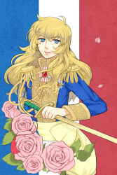 Rule 34 | 1girl, absurdres, bad id, bad pixiv id, blonde hair, blue eyes, brooch, epaulettes, flower, french flag, hato (popi), highres, holding, jewelry, long hair, long sleeves, military, military uniform, open mouth, oscar francois de jarjayes, petals, pink flower, pink rose, popi, rapier, rose, solo, sword, uniform, versailles no bara, weapon