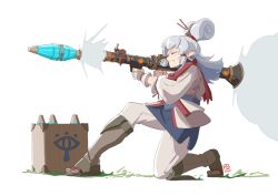1girl, ammunition box, automatic giraffe, blush, commentary, english commentary, eye symbol, eyes closed, finger on trigger, firing, forehead tattoo, full body, greaves, grey hair, hair ornament, hair stick, hyrule warriors: age of calamity, impa, medium hair, nintendo, one knee, pointy ears, rocket launcher, rpg, rpg-7, sheikah, smoke, solo, the legend of zelda, the legend of zelda: breath of the wild, time paradox, updo, weapon, younger