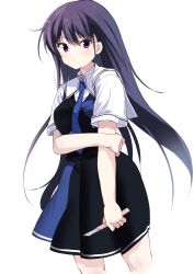 Rule 34 | &gt;:(, 1girl, angry, arm at side, black dress, black hair, blue necktie, blush, closed mouth, commentary, cowboy shot, dress, frown, glint, grabbing own arm, grisaia (series), grisaia no kajitsu, hair between eyes, highres, holding, holding knife, knife, long hair, looking at viewer, necktie, purple eyes, sakaki yumiko, school uniform, shirt, short dress, short sleeves, simple background, solo, standing, straight hair, takepoison, v-shaped eyebrows, very long hair, white background, white shirt