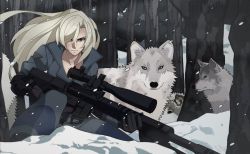 Rule 34 | 1girl, black gloves, breasts, cleavage, coat, forest, gloves, gun, h&amp;k psg1, hair over one eye, metal gear (series), metal gear solid, nature, nisego, rifle, sniper rifle, sniper wolf, snow, snowing, tree, weapon, wolf