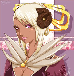 Rule 34 | 1girl, artist request, blonde hair, breasts, character request, cleavage, cleavage cutout, clothing cutout, dark-skinned female, dark skin, demon, demon girl, hair ribbon, horns, lips, purple eyes, ribbon, solo, source request