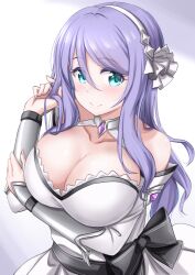 Rule 34 | 1girl, amulet, aqua eyes, armor, bare shoulders, black bow, black sash, bow, breasts, cleavage, closed mouth, collarbone, detached sleeves, dress, frills, hair between eyes, hair ornament, hairband, hand in own hair, hand on own arm, hand up, highres, kibihimi, large breasts, light blush, long hair, long sleeves, looking at viewer, princess connect!, purple hair, sash, shizuru (princess connect!), sideways glance, simple background, smile, solo, straight hair, swept bangs, upper body, waist bow, white dress, white hairband