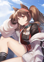 Rule 34 | 1girl, absurdres, angelina (arknights), animal ears, arknights, black collar, black shirt, black socks, blue sky, brown hair, cloud, cloudy sky, collar, commentary, elbow rest, fox ears, hairband, hand on own head, highres, infection monitor (arknights), jacket, knee up, long hair, looking at viewer, off shoulder, open clothes, open jacket, outdoors, red eyes, red hairband, shirt, shorts, sitting, sky, smile, socks, solo, thighs, twintails, white jacket, yonago miko