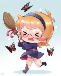 Rule 34 | &gt; &lt;, 10s, 1girl, belt, boots, born-to-die, bow, bow panties, broom, bug, butterfly, chibi, freckles, glasses, hairband, holding, holding broom, insect, little witch academia, lotte jansson, luna nova school uniform, open mouth, orange hair, panties, pantyshot, red belt, school uniform, short hair, simple background, solo, striped clothes, striped panties, underwear, uniform, witch
