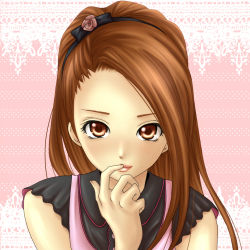 Rule 34 | 10s, 1girl, bad id, bad pixiv id, brown eyes, brown hair, casual, finger to mouth, ginaoishi, hairband, idolmaster, idolmaster (classic), idolmaster 2, lips, long hair, looking at viewer, minase iori, shirt, sleeveless, sleeveless shirt, solo, upper body