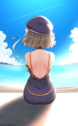 1girl absurdres armband artist_name azur_lane back backless_outfit bare_shoulders beret blue_dress blue_hat blue_sky bodysuit bodysuit_under_clothes bow brown_bodysuit brown_hair cloud commentary_request contrail cross dated day dress facing_away from_behind hair_bow hat highres horizon iron_cross outdoors rock_zinc short_hair shoulder_blades sitting sky solo striped_bow water white_bow z23_(azur_lane)