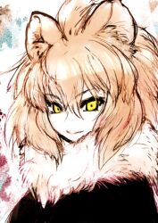 Rule 34 | 1girl, animal ears, black coat, blonde hair, closed mouth, coat, extra ears, ise (0425), kemono friends, lion (kemono friends), lion ears, lion girl, lion hair, long hair, looking at viewer, scarf, simple background, smile, solo, white scarf, yellow eyes