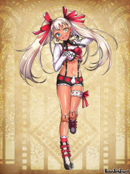 Rule 34 | 1girl, :d, arm up, belt, black ribbon, black shorts, bow, copyright name, crop top, doll joints, earrings, fangs, footwear bow, full body, hair ribbon, heterochromia, jewelry, joints, long sleeves, looking at viewer, morino bambi, navel, neck ribbon, open mouth, pandora party project, red bow, red ribbon, ribbon, short shorts, shorts, smile, solo, standing, standing on one leg, suspenders, tan, thigh strap, twintails, yellow background