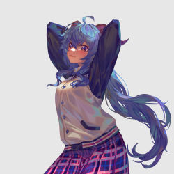 Rule 34 | 1girl, absurdres, ahoge, alternate costume, black shirt, blue eyes, blue hair, blush, breasts, buttons, collared vest, commentary request, crossed bangs, ganyu (genshin impact), genshin impact, goat horns, grey background, hair between eyes, highres, horns, lips, long hair, long sleeves, looking at viewer, medium breasts, rui (gsr1982), shirt, sidelocks, simple background, smile, very long hair, vest, white vest