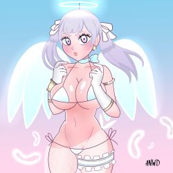 Rule 34 | 1girl, angel, angel wings, anwd, bikini, bikini bottom, bikini top, black clover, blush, bow, breasts, breasts squeezed together, curvy, earrings, female focus, hair bow, halo, highres, jewelry, large breasts, looking at viewer, micro bikini, noelle silva, plump lips, presenting, purple eyes, silver hair, swimsuit, thick thighs, thighs, twintails, watermark, wide hips, wings