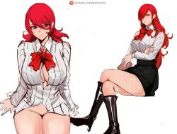 Rule 34 | 1girl, absurdres, black footwear, black skirt, book, boots, bow, bowtie, breasts, closed mouth, collared shirt, crossed arms, crossed legs, hair over one eye, high heel boots, high heels, highres, holding, holding book, invisible chair, kirijou mitsuru, knee boots, large breasts, long hair, looking at viewer, multiple views, naked shirt, nero watch, partially unbuttoned, patreon username, pencil skirt, persona, persona 3, persona 3 reload, red bow, red bowtie, red eyes, red hair, shirt, sitting, sketch, skirt, thighs, white background, white shirt