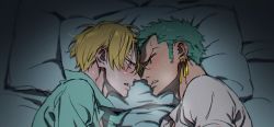 Rule 34 | 2boys, bed, blonde hair, earrings, from side, green hair, implied masturbation, jewelry, looking at another, lying, male focus, multiple boys, on side, one piece, roronoa zoro, sanji (one piece), sweat, taro (honyarara00), yaoi