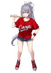 Rule 34 | 1girl, absurdres, alternate costume, bare legs, baseball bat, baseball uniform, blue shorts, bow, breasts, carrying over shoulder, closed mouth, commentary, cross-laced footwear, denim, denim shorts, g9 (jiiku), hair between eyes, hair bow, hair ornament, hairclip, hand on own hip, highres, higuchi kaede, hiroshima touyou carp, holding, holding baseball bat, long hair, looking at viewer, medium breasts, mole, mole under eye, nijisanji, nippon professional baseball, ponytail, purple eyes, red footwear, red shirt, shirt, shoes, short shorts, short sleeves, shorts, silver hair, simple background, smile, sneakers, solo, sportswear, sweatband, thighs, virtual youtuber, white background, wristband