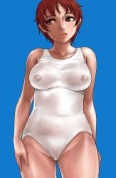 Rule 34 | 1girl, blue background, brown eyes, lips, matoyama, one-piece swimsuit, red hair, school swimsuit, see-through, short hair, solo, swimsuit, white school swimsuit, white one-piece swimsuit