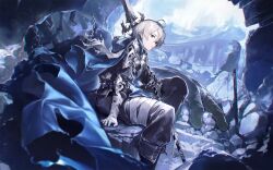 Rule 34 | 1boy, ahoge, arm support, armor, bandaged arm, bandages, black cloak, black pants, blue cape, cape, cloak, commentary, disembodied hand, frown, grey hair, highres, holding, holding polearm, holding weapon, hood, hooded cloak, looking at viewer, male focus, original, outdoors, pants, polearm, red eyes, rock, ruins, short hair, solo, symbol-only commentary, weapon, yohaku