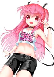 Rule 34 | 1girl, :d, ahoge, angel beats!, black choker, black shorts, choker, clothes writing, cowboy shot, crop top, fang, highres, long hair, midriff, navel, open mouth, pink eyes, pink hair, shorts, simple background, smile, solo, tail, tank top, v, white background, white tank top, wrist chain, yoanium, yui (angel beats!)