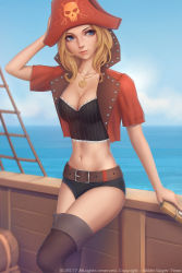 Rule 34 | 1girl, arm at side, belt, blonde hair, blue eyes, blue sky, boots, breasts, brown belt, brown footwear, character request, cleavage, closed mouth, crop top, day, hand on own head, hat, highres, jewelry, looking to the side, medium breasts, miura-n315, navel, necklace, outdoors, pirate, pirate hat, red eyes, ship, short sleeves, skull, sky, solo, stomach, striped, sunlight, thigh boots, thighhighs, vertical stripes, watercraft