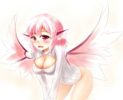 Rule 34 | 1girl, alternate costume, animal ears, ayatori (aytr), blush, breasts, cleavage, cleavage cutout, clothing cutout, fang, highres, large breasts, looking at viewer, meme attire, mystia lorelei, naked sweater, open-chest sweater, open mouth, pink eyes, pink hair, ribbed sweater, short hair, simple background, smile, solo, sweater, touhou, turtleneck, wings