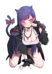 Rule 34 | 1girl, absurdres, akuma nihmune, akuma nihmune (2nd costume), animal ears, black collar, black gloves, black jacket, blush, bodysuit, bow, breasts, cat ears, cat tail, cleavage, collar, commentary, english commentary, fingerless gloves, fishnet bodysuit, fishnets, fur-trimmed jacket, fur trim, gloves, heart, heart-shaped pupils, highres, indie virtual youtuber, jacket, large breasts, long hair, looking at viewer, mikan (chipstar182), mole, mole under eye, open mouth, pink bow, pink eyes, purple hair, second-party source, shirt, smile, solo, symbol-shaped pupils, tail, tail bow, tail ornament, virtual youtuber, white shirt