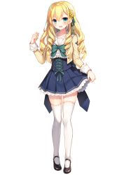 Rule 34 | 1girl, absurdres, black footwear, blonde hair, blush, bow, bowtie, clothes lift, collarbone, cropped jacket, detached sleeves, dress, drill hair, flower, forearms at chest, full body, green eyes, hair flower, hair ornament, highres, holding, holding clothes, holding skirt, jacket, kawaguchiko takami, long hair, long sleeves, looking at viewer, mary janes, miniskirt, official art, onsen musume, open clothes, open jacket, open mouth, shoes, short dress, skirt, skirt lift, smile, solo, thighhighs, toosaka asagi, transparent background, underbust, white thighhighs, zettai ryouiki