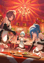Rule 34 | 3girls, :i, alcohol, apron, bare shoulders, bottle, breasts, brown hair, chandelier, cleavage, detached sleeves, dress, food, frilled dress, frilled skirt, frills, gloves, green hair, highres, indoors, large breasts, looking at viewer, maid, maid apron, maid headdress, medium hair, multiple girls, original, painting (object), pinakes, ponytail, short hair, skirt, table, thighhighs, zettai ryouiki
