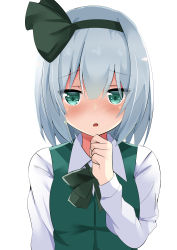 Rule 34 | 1girl, 9150namihana, :o, absurdres, black bow, black hairband, black necktie, black ribbon, blouse, blue eyes, blush, bob cut, bow, breasts, collared shirt, commentary request, duplicate, eyelashes, furrowed brow, green eyes, green vest, grey hair, hair ribbon, hairband, highres, konpaku youmu, long sleeves, looking at viewer, necktie, nose blush, pixel-perfect duplicate, ribbon, shirt, short hair, simple background, small breasts, solo, touhou, upper body, vest, white background, white shirt, wing collar