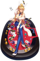 Rule 34 | 1girl, animal ears, artoria pendragon (all), artoria pendragon (fate), artoria pendragon (swimsuit ruler) (fate), bare shoulders, between breasts, blonde hair, blue neckwear, blue pantyhose, braid, breasts, card, casino card table, cleavage, cocktail glass, crossed legs, cup, detached collar, drinking glass, fake animal ears, fate/grand order, fate (series), feather boa, fishnet pantyhose, fishnets, french braid, green eyes, hair between eyes, highleg, highleg leotard, highres, holding, holding card, large breasts, leotard, long hair, long legs, looking at viewer, martini, pantyhose, playboy bunny, playing card, poker chip, poker table, ponytail, rabbit ears, rabbit girl, sidelocks, sitting, smile, solo, table, tiara, white footwear, white leotard, wrist cuffs, zonotaida