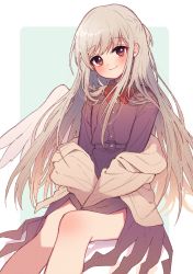 Rule 34 | 1girl, alternate hair length, alternate hairstyle, angel wings, aqua background, beige jacket, blush, border, bow, bowtie, brown eyes, buttons, closed mouth, commentary request, dress, grey hair, highres, jacket, kishin sagume, long hair, long sleeves, off shoulder, open clothes, open jacket, outside border, purple dress, red bow, red bowtie, single wing, sitting, smile, solo, touhou, touya (konpekitou), white border, wings