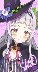 Rule 34 | 1girl, artist request, black headwear, blunt bangs, blush, capelet, character signature, closed mouth, flat chest, grey hair, hair bun, hairband, hat, hat ornament, highres, hololive, looking at viewer, multicolored eyes, murasaki shion, murasaki shion (1st costume), official art, official wallpaper, one side up, orange eyes, pentacle, phone wallpaper, pink background, pinstripe pattern, pinstripe shirt, shirt, simple background, single side bun, smile, solo, star (symbol), star hat ornament, striped clothes, striped shirt, translation request, upper body, v-shaped eyebrows, vertical-striped clothes, vertical-striped shirt, virtual youtuber, wallpaper, witch hat