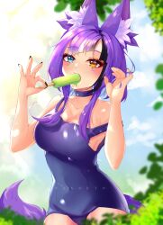 Rule 34 | 1girl, animal ear fluff, animal ears, artist name, awful queen (vtuber), bad source, black nails, breasts, food, food in mouth, fox ears, fox girl, fox tail, heterochromia, highres, indie virtual youtuber, looking at viewer, mole, mole under eye, multicolored hair, nendeto, popsicle, popsicle in mouth, purple hair, swimsuit, tail
