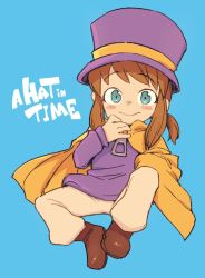 Rule 34 | 1girl, a hat in time, blue background, blue eyes, brown hair, cape, child, copyright name, female focus, hat, hat kid, kikai (akita morgue), looking at viewer, pants, ponytail, shoes, sidelocks, simple background, sitting, solo, top hat, yellow cape