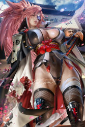 Rule 34 | 1girl, artist name, baiken, banned artist, black footwear, boots, breasts, cape, cleavage, covered navel, eyepatch, facial mark, fishnet thighhighs, fishnets, gluteal fold, guilty gear, guilty gear strive, katana, large breasts, lips, long hair, looking at viewer, patreon username, petals, pink eyes, pink hair, sakimichan, signature, solo, standing, sword, thighhighs, weapon