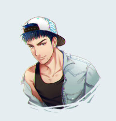 Rule 34 | 1boy, backwards hat, baseball cap, black tank top, blue hair, closed mouth, commentary request, cropped torso, grey background, grey jacket, hair through headwear, hat, jacket, looking at viewer, male focus, mitsui hisashi, moonjjj, open clothes, open jacket, pectorals, scar, scar on face, short hair, simple background, slam dunk (series), smile, solo, tank top, upper body