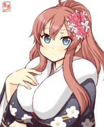 Rule 34 | 1girl, alternate costume, artist logo, blue eyes, breasts, brown hair, commentary request, dated, split mouth, flower, fur-trimmed kimono, fur trim, grey kimono, hair between eyes, hair flower, hair ornament, highres, japanese clothes, kanon (kurogane knights), kantai collection, kimono, large breasts, looking at viewer, ponytail, saratoga (kancolle), side ponytail, sidelocks, simple background, solo, upper body, white background