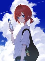 Rule 34 | 1girl, alternate costume, ange katrina, black bag, blue eyes, blue sky, blush, bottle, closed mouth, cloud, cloudy sky, commentary request, cowboy shot, cumulonimbus cloud, hair intakes, haruwo, highres, holding, holding bottle, looking at viewer, nijisanji, outdoors, ramune, red hair, shirt, short hair, short ponytail, short sleeves, sky, smile, solo, triangle hair ornament, virtual youtuber, white shirt