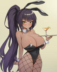 Rule 34 | 1girl, absurdres, animal ears, bare shoulders, black hair, blue archive, blush, breasts, cleavage, commentary request, covered navel, cup, dark-skinned female, dark skin, detached collar, drinking glass, fake animal ears, fishnet pantyhose, fishnets, green background, highres, holding, holding plate, huge breasts, karin (blue archive), karin (bunny) (blue archive), kkusak (kkusag ks), leotard, long hair, looking at viewer, pantyhose, plate, playboy bunny, ponytail, rabbit ears, simple background, sweatdrop, yellow eyes