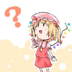 Rule 34 | 1girl, ?, chibi, chibi only, dress, female focus, flandre scarlet, hat, lowres, mob cap, oekaki, red dress, smile, solo, touhou, wings, wrist cuffs, yellow background