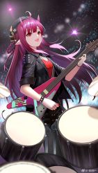 Rule 34 | 1girl, :d, ambience synesthesia, arknights, black headwear, black jacket, breasts, chinese commentary, cigarette p, commentary request, concert, drum, drum set, electric guitar, fang, guitar, hat, highres, holding, holding instrument, horns, instrument, jacket, long hair, looking away, official alternate costume, open clothes, open jacket, open mouth, pointy ears, red eyes, red hair, sleeves rolled up, small breasts, smile, studded bracelet, tail, very long hair, vigna (arknights), vigna (black wave) (arknights)
