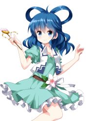 Rule 34 | 1girl, aqua dress, belt, blue eyes, blue hair, blush, breasts, cleavage, collarbone, commentary request, dress, feet out of frame, flower, hair ornament, hair rings, hair stick, hands up, highres, holding, kaku seiga, leaf, long hair, looking at viewer, medium breasts, petticoat, puffy short sleeves, puffy sleeves, ribbon, ruu (tksymkw), short sleeves, simple background, smile, solo, touhou, vest, white background, white flower, white ribbon, white vest