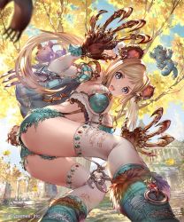 Rule 34 | 1girl, 77gl, animal ears, armpits, ass, bag, bear ears, bear girl, bear tail, blonde hair, blue eyes, breasts, building, claws, crop top, day, detached sleeves, fangs, fur, ginkgo leaf, grey thighhighs, hair intakes, juliet sleeves, large breasts, leaf, long hair, long sleeves, looking at viewer, midriff, official art, open mouth, outdoors, puffy sleeves, shingeki no bahamut, short shorts, shorts, solo, standing, stuffed animal, stuffed toy, sunlight, suspenders, tail, teddy bear, thighhighs, tree, twintails, v-shaped eyebrows, watermark