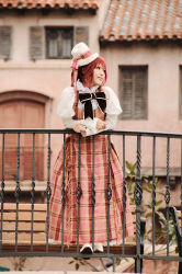 Rule 34 | 1girl, asian, cosplay, dress, esther blanchett, esther blanchett (cosplay), hat, kipi-san, long dress, mole, outdoors, photo (medium), puffy sleeves, railing, red hair, road, solo, street, trinity blood