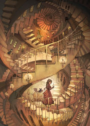 Rule 34 | 2girls, animal, artist name, bat wings, blonde hair, book, book stack, braid, braided ponytail, brown eyes, brown hair, candle, candlelight, candlestand, cat, commentary request, demizu posuka, door, dress, flying animal, highres, holding, holding candle, holding knife, indoors, knife, long hair, long sleeves, multiple girls, original, red dress, shoes, spiral staircase, stairs, stairwell, stuffed animal, stuffed toy, teddy bear, white dress, white footwear, window, wings