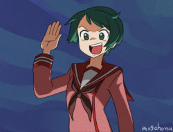 Rule 34 | &gt;:d, 1girl, blue background, commentary request, giant robo, green eyes, green hair, hand up, kantai collection, long sleeves, mogami (kancolle), mogamiya honu, neckerchief, parody, retro artstyle, sailor collar, short hair, solo, style parody, twitter username, upper body, v-shaped eyebrows