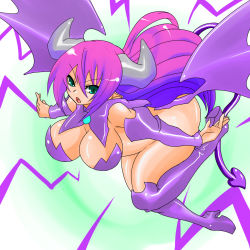 Rule 34 | 1girl, boots, bottomless, breasts, demon girl, demon tail, demon wings, disgaea, female focus, flying, gradient hair, green eyes, horns, huge breasts, legs, long hair, multicolored hair, numadaira, open mouth, purple hair, solo, demon girl, succubus (disgaea), tail, thighhighs, wings