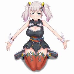Rule 34 | 1girl, blue eyes, breasts, cleavage cutout, closed mouth, clothing cutout, commentary request, grey hair, hair ornament, highres, ina (gokihoihoi), kaguya luna, looking at viewer, medium breasts, obi, outstretched arms, red thighhighs, sash, short hair, simple background, sitting, smile, solo, the moon studio, thighhighs, twintails, virtual youtuber, wariza, white background
