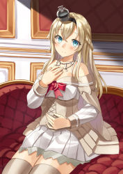 Rule 34 | 1girl, black hairband, blonde hair, blue eyes, braid, corset, couch, cowboy shot, crown, dress, flower, french braid, hairband, hand on own chest, jewelry, kantai collection, long hair, long sleeves, mayura (lucadia), mini crown, necklace, off-shoulder dress, off shoulder, red flower, red ribbon, red rose, ribbon, rose, sitting, solo, thighhighs, warspite (kancolle), white dress, white thighhighs