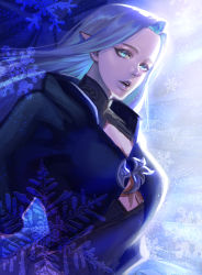 Rule 34 | 1girl, blue eyes, blue hair, breasts, commentary request, eyebrows, eyelashes, final fantasy, final fantasy xiv, forehead, highres, long hair, looking at viewer, on (isk1812), original, pale skin, parted lips, pointy ears, pointy nose, shadow, shiva (final fantasy), snowflakes, solo, teeth, upper teeth only