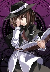 Rule 34 | 1girl, book, bow, brown eyes, brown hair, capelet, clock, hat, hat bow, janne cherry, jpeg artifacts, long sleeves, magical astronomy, necktie, one eye closed, open book, shirt, touhou, usami renko