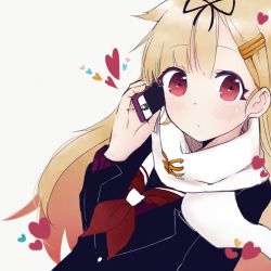 Rule 34 | 10s, 1girl, black serafuku, cellphone, check commentary, commentary request, gradient hair, hair flaps, hair ornament, hair ribbon, hairclip, heart, ibuki (ibukiro1003), kantai collection, long hair, looking at viewer, multicolored hair, neckerchief, phone, red hair, red neckerchief, ribbon, scarf, school uniform, serafuku, shigure (kancolle), simple background, solo focus, upper body, white background, yuudachi (kancolle)